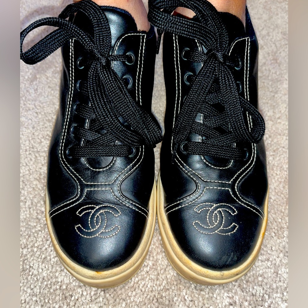 Authentic Vintage CHANEL Black and Beige Sneakers-Size 7 1/2